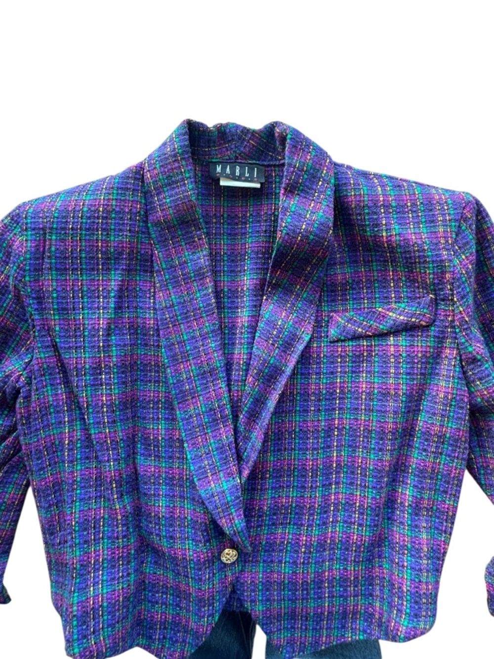 Vintage Marli Plaid Cropped Blazer Jacket Purple Blue Textured Tweed Size M